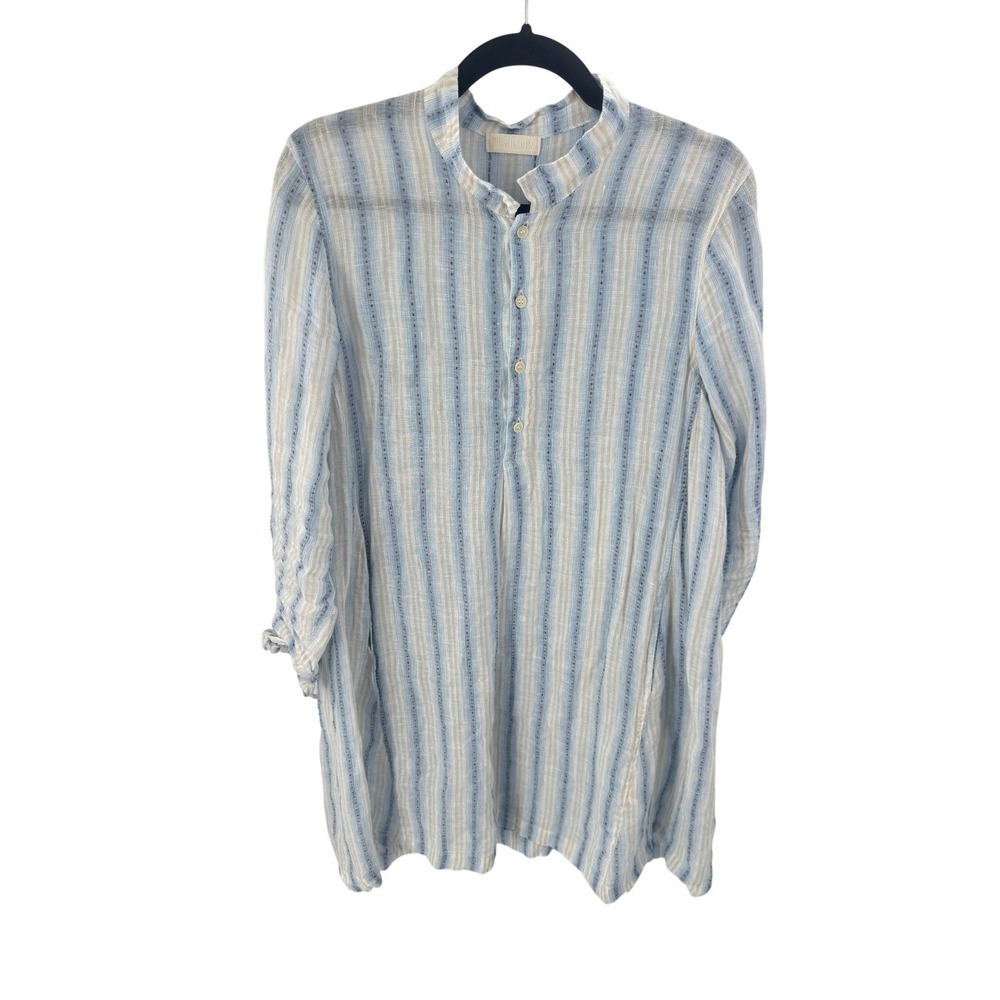 Cp Shades Midi Dress Size S Blue White Linen Striped Henley Neck Pullover Casual